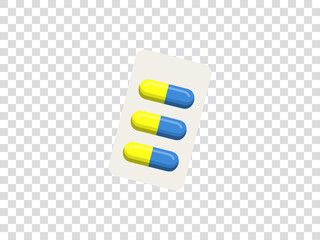 illustration vector graphic of yellow and blue pills in blister packaging isolated on transparent background. Transparent grid. vector illustrations transparent grid style background.