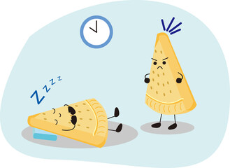 cartoon illustration of a biscuit being irritated over another biscuit sleeping all the time