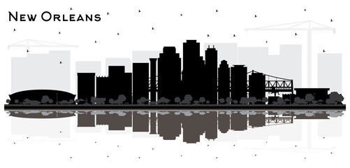 New Orleans Louisiana City Skyline Silhouette with Black Buildings Isolated on White.