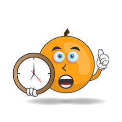 Orange mascot character holding a wall clock. vector illustration