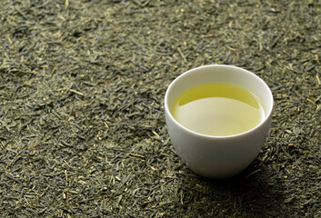 Tea leaves laid across the screen. Green tea placed on it