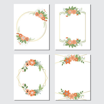 Set Of Flower And Leaf Frame. Floral Orange Invitation Cards.