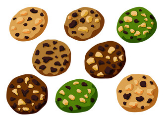 baked cookies chocolate and green tea,vanilla,coffee on white background illustration vector 