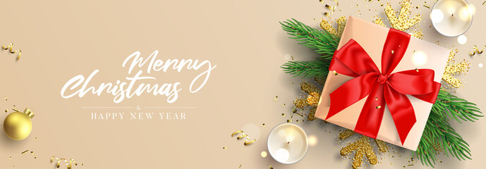 Fototapeta na wymiar Merry Christmas and Happy New Year banner. Holiday background with realistic gift box, Christmas ball, candles, fir-tree branches, golden serpentine, snowflake and confetti. Vector illustration.