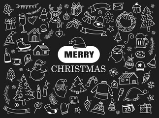 Set of merry christmas element and symbol in doodle style.