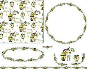 Christmas frame with bells and tree branches. Christmas seamless pattern, elements for a festive design and a seamless brush