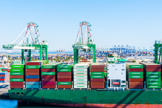 San Pedro, California - October 11 2019: Evergreen Cargo Ship, loaded shipping container vessel, docked at Port of Los Angeles (America's Port), a seaport on LA Waterfront in San Pedro, California