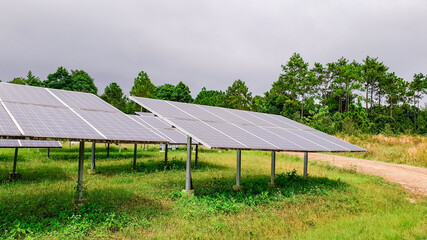 Obraz premium Photovoltaic modules for renewable energy, Alternative power energy, Combined power generations system of windmill and solar module system, concept of sustainable resources