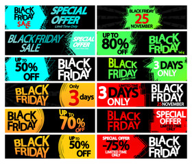 Naklejka premium Black Friday Sale, set web banners design template, collection horizontal promotion posters, vector illustration