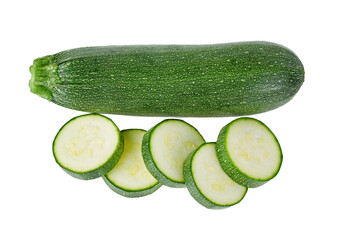 Green zucchini with slice isolated on white background.Top view