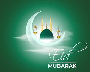 vector illustration of greeting for  Eid al-Fitr Mubarak text means Eid al-Fitr Mubarak, golden shiny moon and lantern with paper cut beautiful geometrical background in shiny star nigh