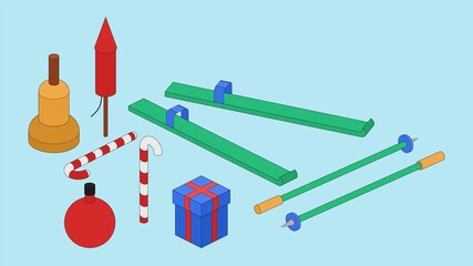 Isometric illustration with bell, firework, christmas candy cane, ball, skis, ski poles and gift boxes.