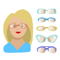 Suitable glasses for a round female face. Template of a girl's face and a set of glasses isolated on a white background. Vector illustration in flat style for optics stores.