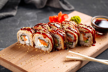 American canada sushi rolls with unagi and salmon