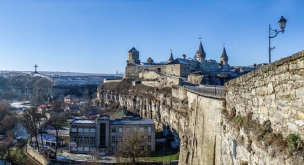 Kamianets-Podilskyi fortress on a sunny winter morning