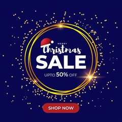 Vector illustration of Merry Christmas sale banner, golden frame wrapped with light, balloon balls and confetti, santa cap, happy new year, shop now, template for websites, up to 50% off 