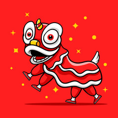 Cartoon Boy Playing Chinese Lion Dance