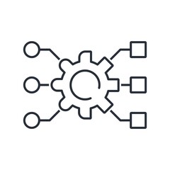 Obraz premium Cogwheel with round and square teeth and multi-format electronic information channels. Converter adapter in the information system. Vector linear icon isolated on white background.