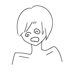 ぐるぐると目を回して混乱の顔をした中性的なショートヘアの人物