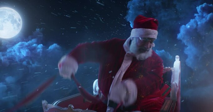 Santa Claus riding sleigh in night sky