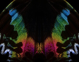 colorful wing of a tropical butterfly close-up. abstract pattern butterfly wing texture background. Madagascan sunset moth.  