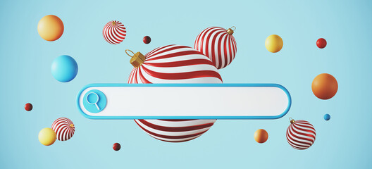 Christmas and New year abstract background for online and shopping concept. Blank search bar and stripe bauble on blue background. 3d rendering illustration. Clipping path of each element included.