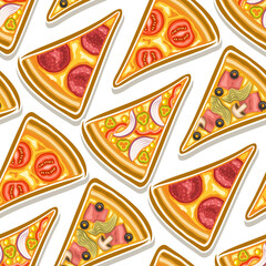 Vector Pizza Seamless Pattern, square repeating pizza background, group of cut out illustrations flat lay triangle pizza slices of assorted types on white background, pattern for pizzeria tablecloth.