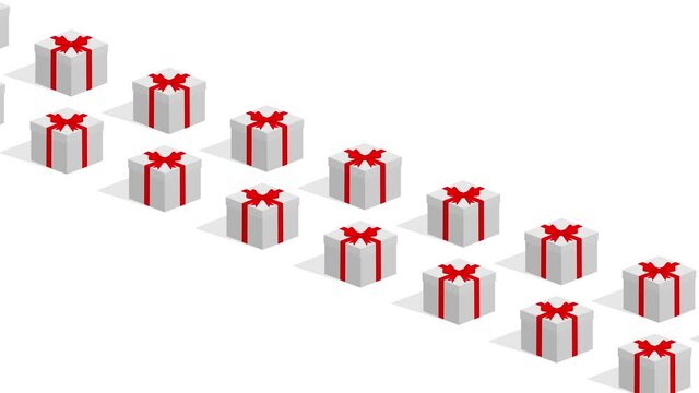 lot of gift box in two lines moving oposite direction isometric flat style looping animation