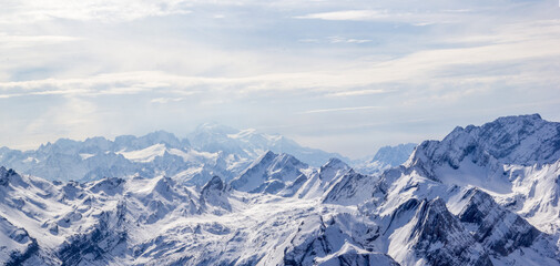 Fototapeta na wymiar Snow covered Alps mountain range panorama at the Diablerets Glacier, Switzerland (large stitched file)..