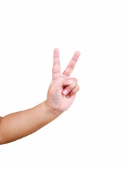 The arm of the child holds two fingers as a symbol. Isolated white background