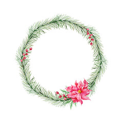 Fototapeta na wymiar Christmas wreath with fir tree, red winter berries and red winter poinsettia flower