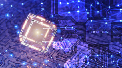 Blockchain tenology concept. A chip for mining cryptocurrency. Technological abstract cube with data. Digital background. 3d render.