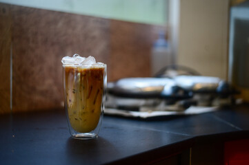 iced coffee put on black table