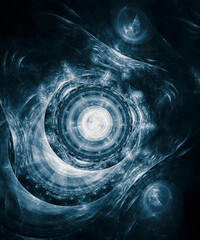 A strange ornament. References to biohacking, cell structure, mixing of living and nonliving. Abstract background.