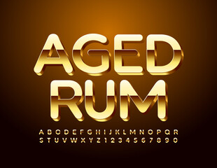 Vector elite emblem Aged Rum. 3D Gold Font. Set of Luxury Alphabet Letters and Numbers set