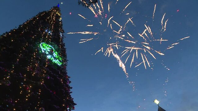 New year's fireworks on the Christmas tree in the Patrimony of Santa Claus.