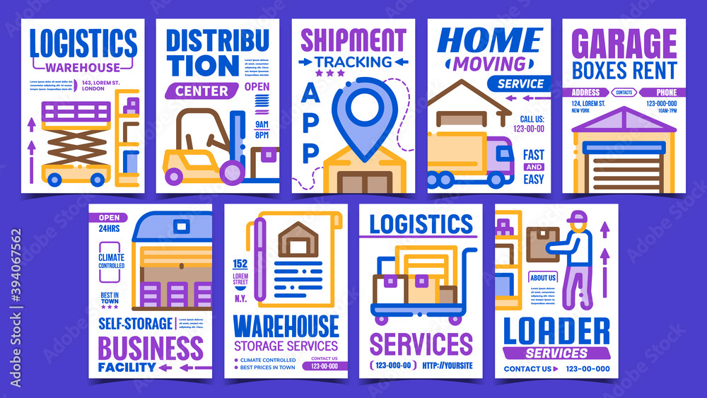 Poster Warehouse Services Promotion Posters Set Vector. Logistics Warehouse And Distribution Center, Shipment Tracking App And Home Moving Advertising Banners. Concept Template Style Color Illustrations