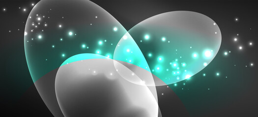 Neon ellipses abstract backgrounds. Shiny bright round shapes glowing in the dark. Vector futuristic illustrations for covers, banners, flyers and posters and other