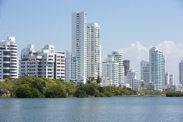 Fototapeta na wymiar View of residential buildings in the new and modern area of Cartagena facing the Caribbean Sea, Colombia 2014