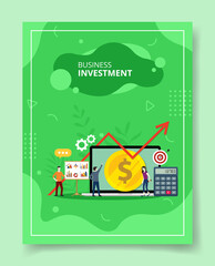 business investment people stand front big laptop presentation chart for template of banners, flyer, books cover, magazines with liquid shape style