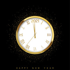Obraz na płótnie Canvas Gold shiny New Year transparent banner with blurred round clock. Vector