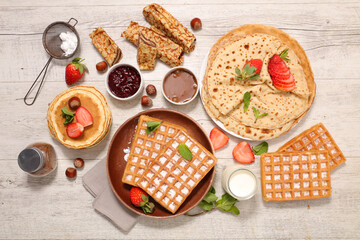 assorted of crepe,  pancake and waffle