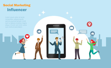 Influencer Social media marketing concept. Start up influencer on smartphone screen and his admirer people with graphical user interface icons on online social network technology.