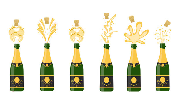 Several bottles of champagne being opened, vector illustration. Open bottle. A set of several champagne flat celebration.