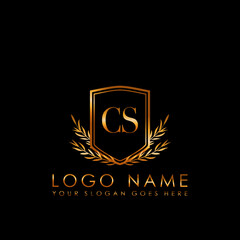Elegant Initial Logo Letter CS, Initial Logo With Gold Shield Vector Template.