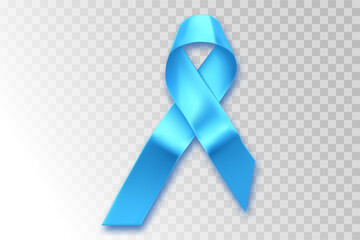Blue ribbon. Awareness of men health in November with blue prostate cancer ribbon on transparent background. Symbol of oncology affected man. Copy space.