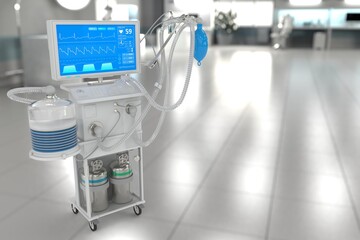 Medical 3D illustration, ICU artificial lung ventilator with fictive design in modern clinic with selective focus - stop corona virus concept