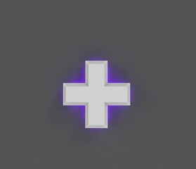 Grey concrete alphabet with purple backlight - plus isolated on dark grey, 3D illustration of symbols