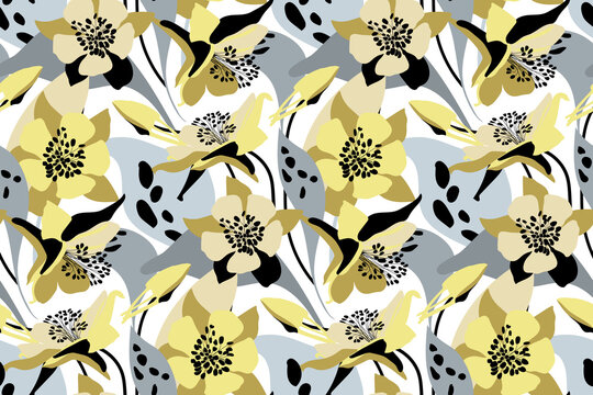 Vector floral seamless pattern. Flower background. Yellow, gray flowers, buds, leaves isolated on white background.