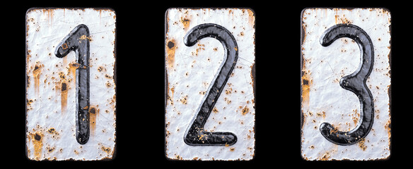 3D render set of numbers 1, 2, 3 made of forged metal on the background fragment of a metal surface with cracked rust.
